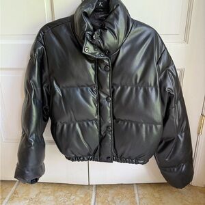 Olivaceous Shiny Black faux leather Puffer Jacket